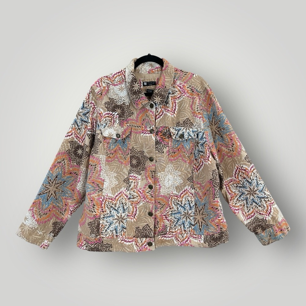 Carole Little Linen Jacket Womens 3X Beige Pink Brown Lightweight Long Sleeve
